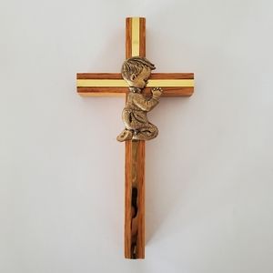 Vintage Oak Wood Brass Accent Cross Praying Little Boy 3"x6" Religious Baptism